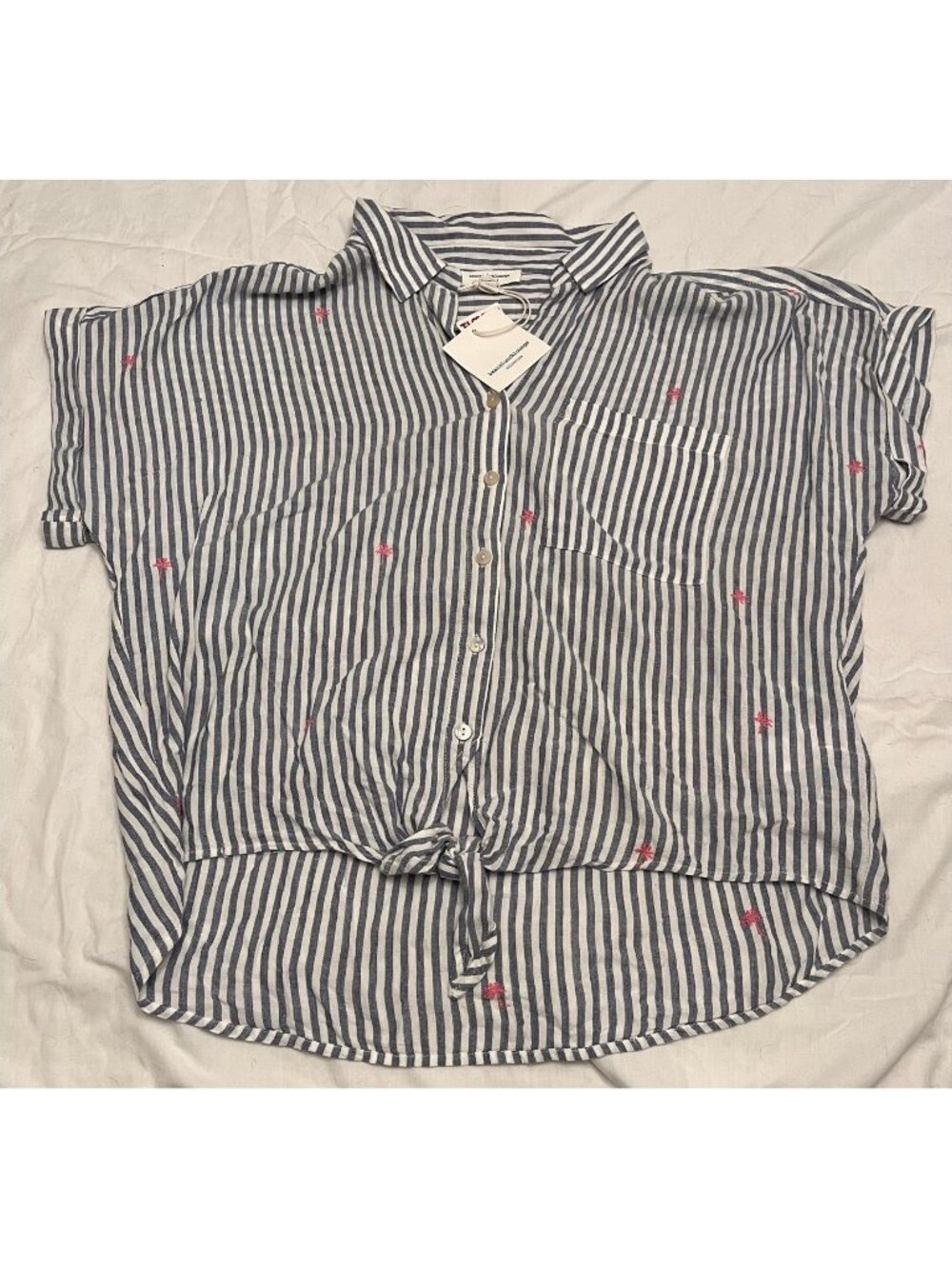 BeachLunchLounge Rosie Shirt Large NWT Striped Linen Blend Embroidered Palms